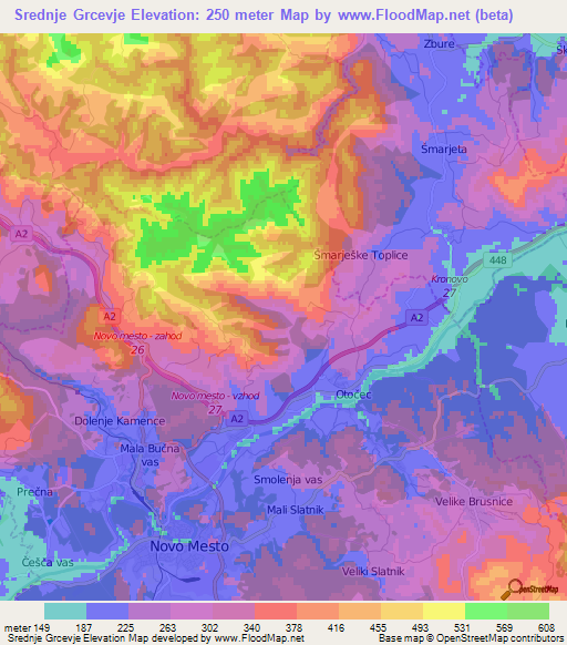 Srednje Grcevje,Slovenia Elevation Map