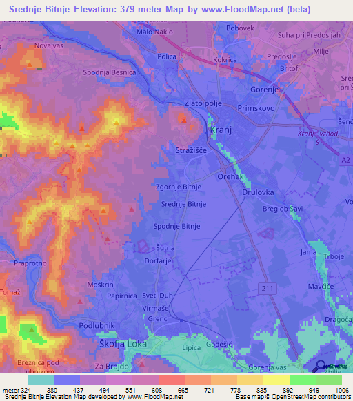 Srednje Bitnje,Slovenia Elevation Map