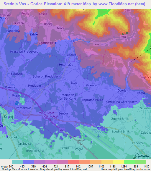 Srednja Vas - Gorice,Slovenia Elevation Map