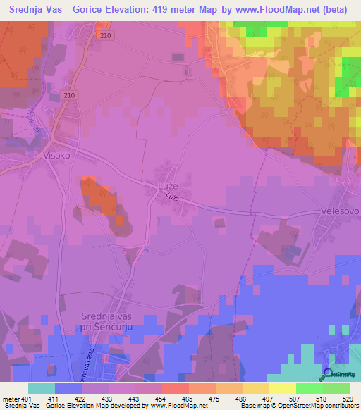 Srednja Vas - Gorice,Slovenia Elevation Map