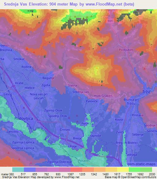 Srednja Vas,Slovenia Elevation Map