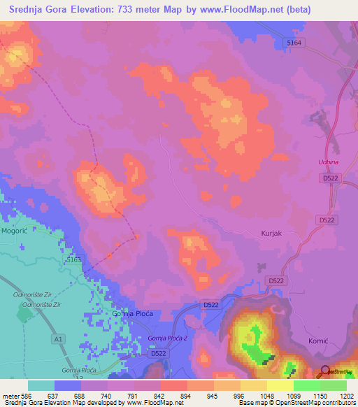 Srednja Gora,Croatia Elevation Map