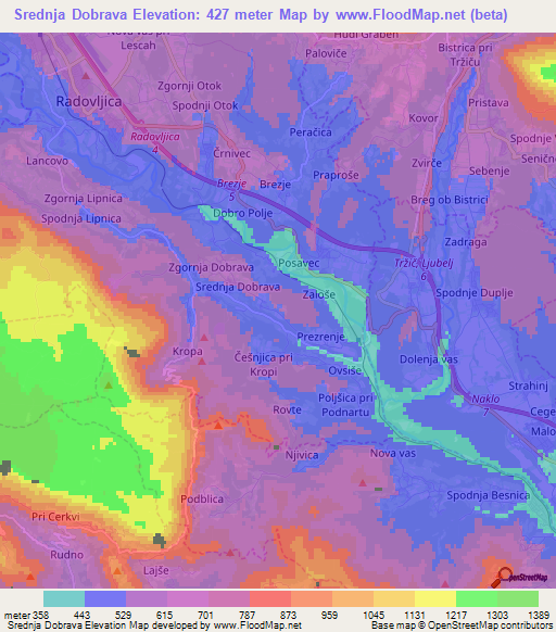 Srednja Dobrava,Slovenia Elevation Map