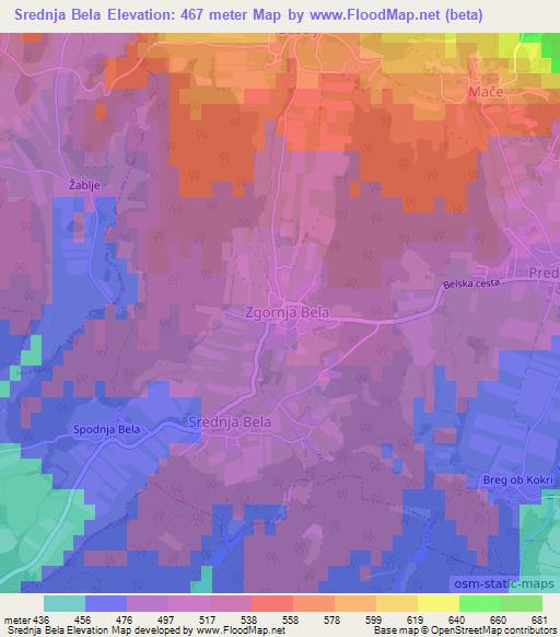 Srednja Bela,Slovenia Elevation Map