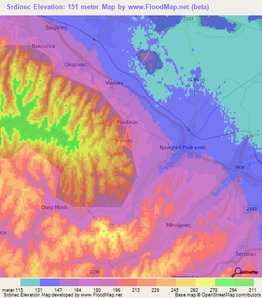 Srdinec,Croatia Elevation Map