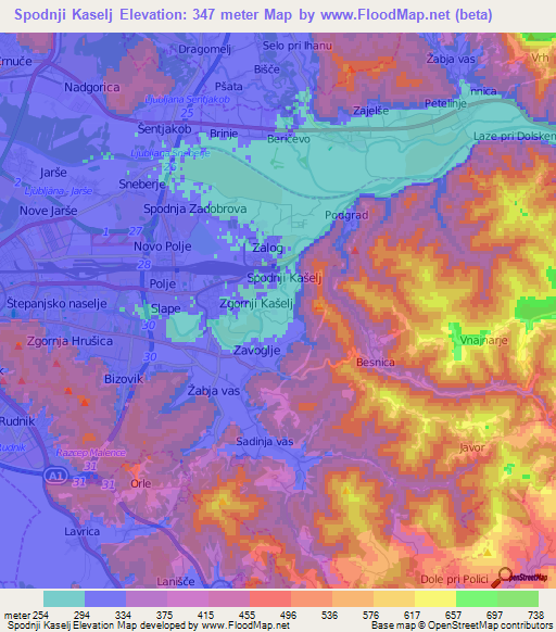 Spodnji Kaselj,Slovenia Elevation Map