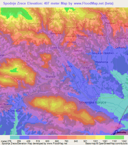 Spodnje Zrece,Slovenia Elevation Map