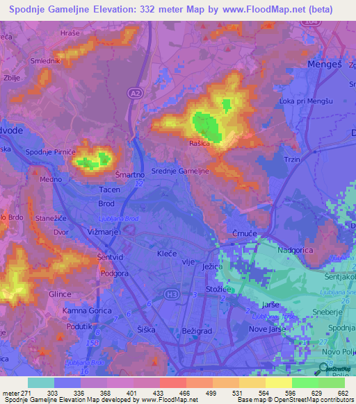Spodnje Gameljne,Slovenia Elevation Map