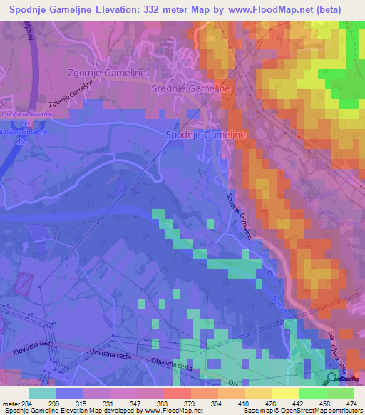 Spodnje Gameljne,Slovenia Elevation Map