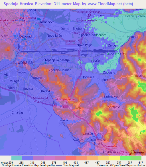 Spodnja Hrusica,Slovenia Elevation Map