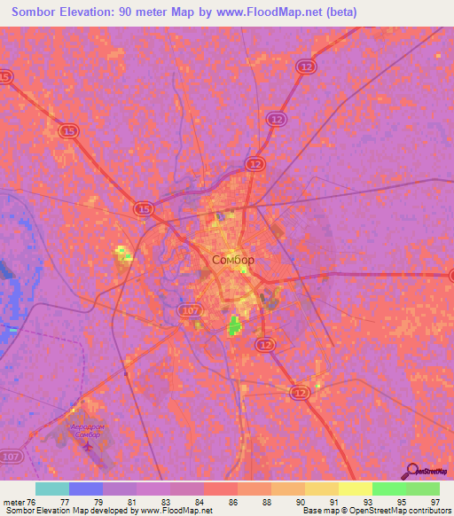 Sombor,Serbia Elevation Map