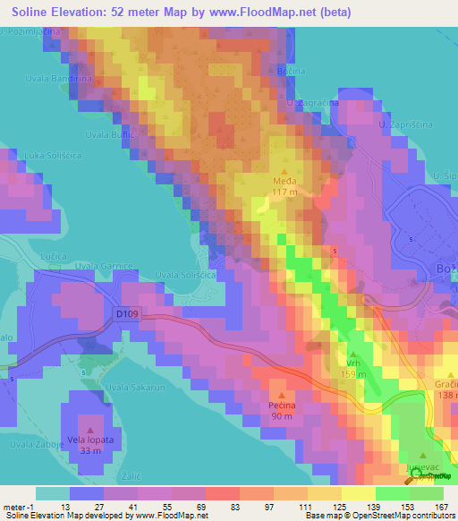 Soline,Croatia Elevation Map