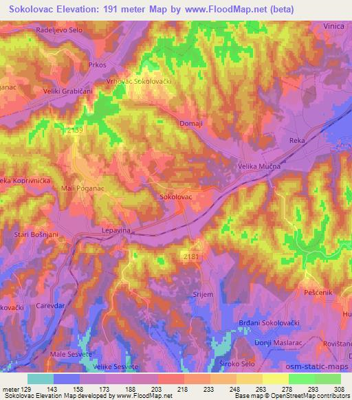 Sokolovac,Croatia Elevation Map