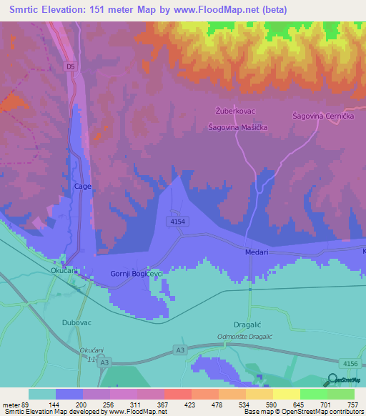 Smrtic,Croatia Elevation Map