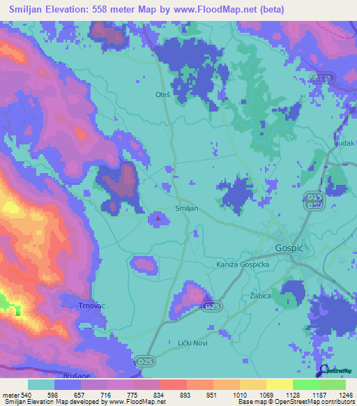 Smiljan,Croatia Elevation Map