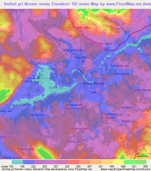 Smihel pri Novem mestu,Slovenia Elevation Map