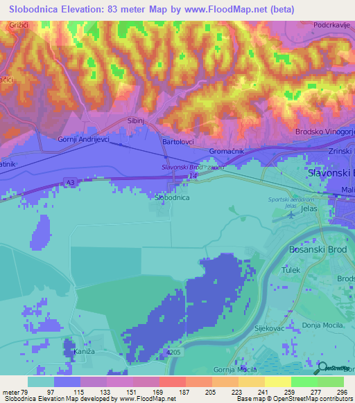 Slobodnica,Croatia Elevation Map