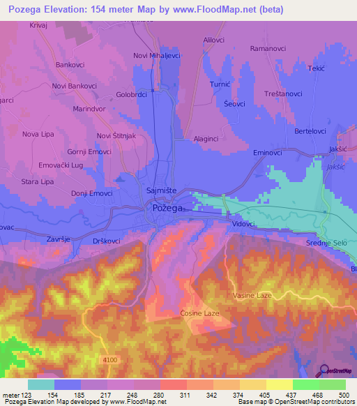 Pozega,Croatia Elevation Map