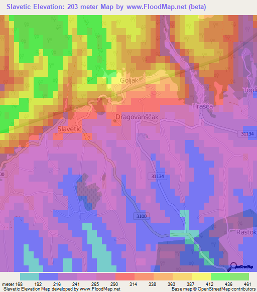 Slavetic,Croatia Elevation Map