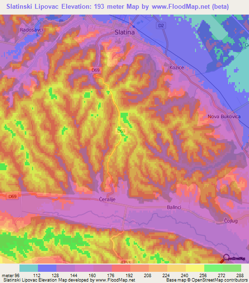 Slatinski Lipovac,Croatia Elevation Map