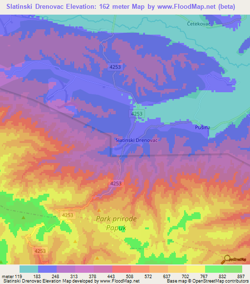 Slatinski Drenovac,Croatia Elevation Map