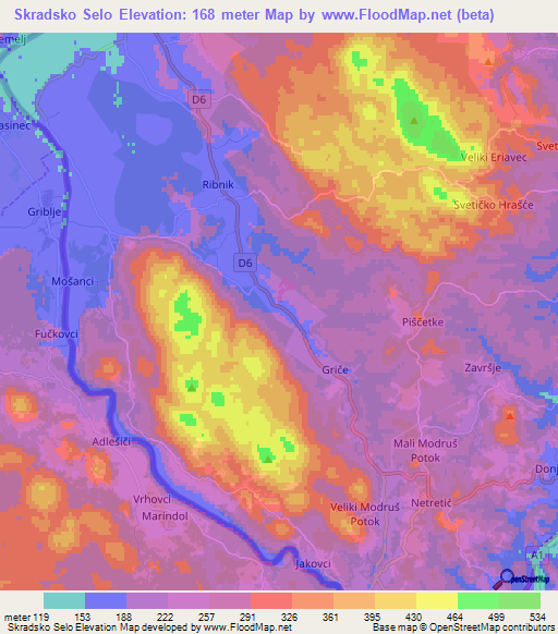 Skradsko Selo,Croatia Elevation Map