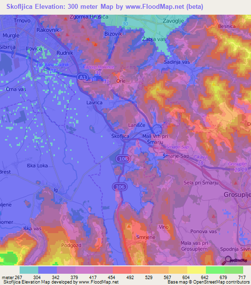 Skofljica,Slovenia Elevation Map