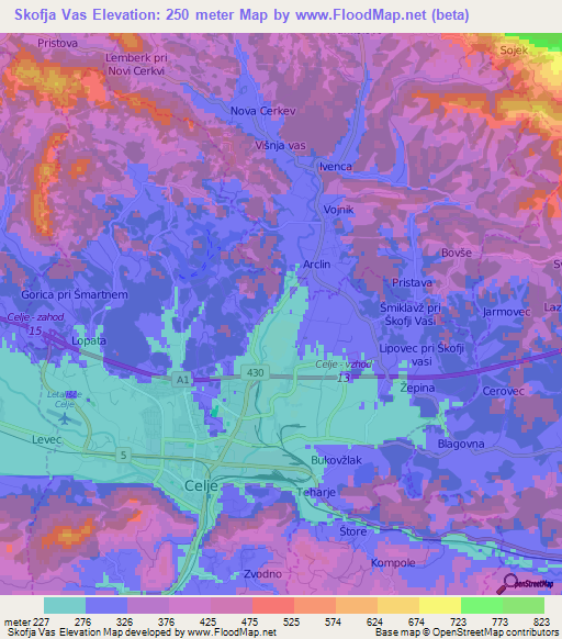 Skofja Vas,Slovenia Elevation Map