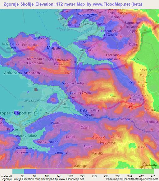 Zgornje Skofije,Slovenia Elevation Map