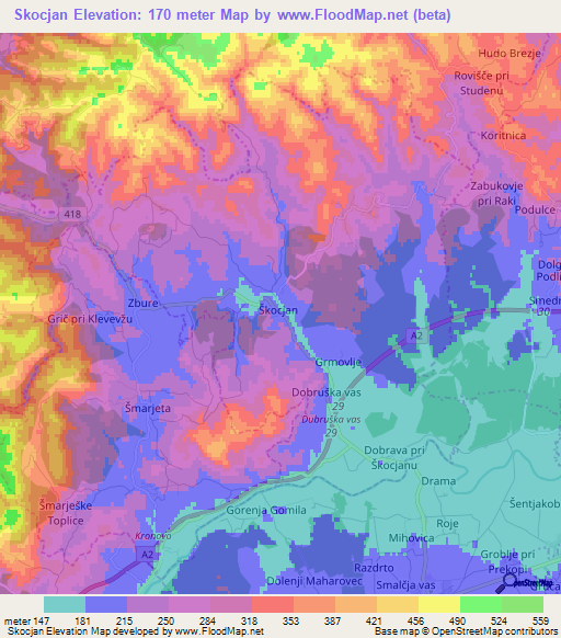 Skocjan,Slovenia Elevation Map