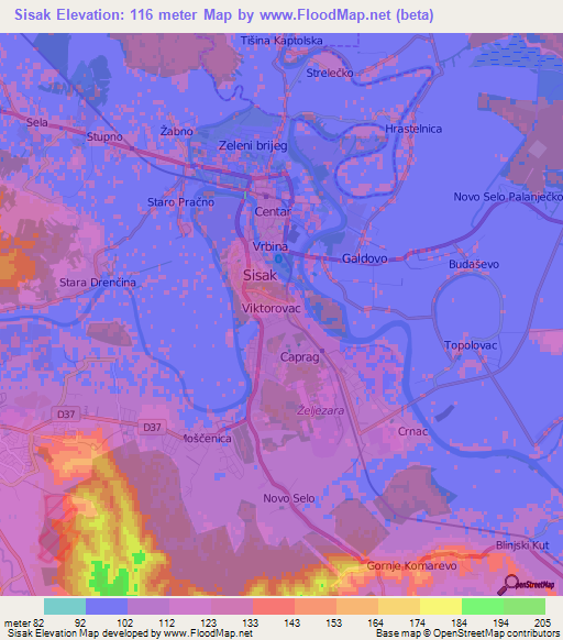 Sisak,Croatia Elevation Map