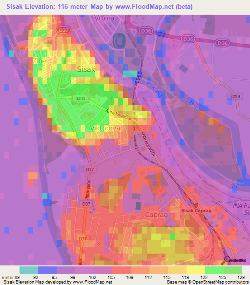 Sisak,Croatia Elevation Map