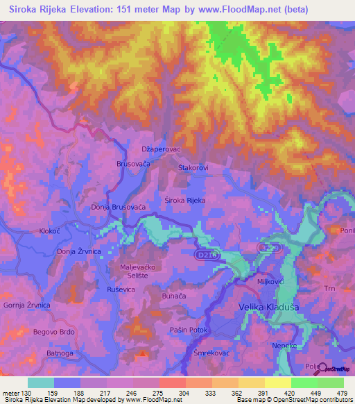 Siroka Rijeka,Croatia Elevation Map