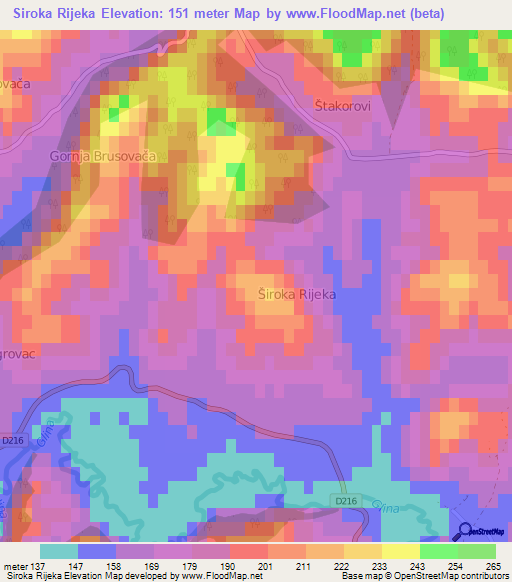 Siroka Rijeka,Croatia Elevation Map