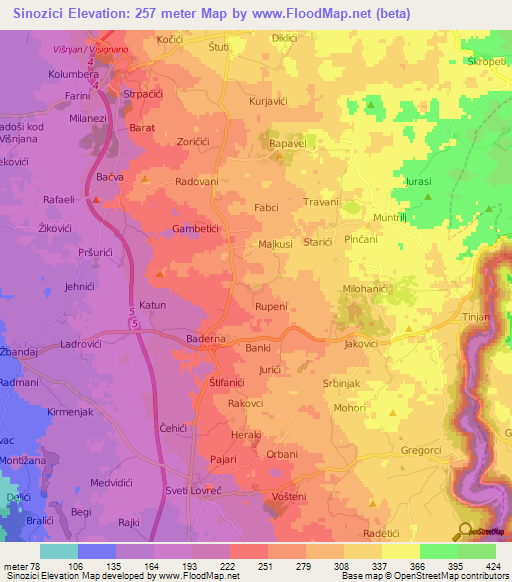 Sinozici,Croatia Elevation Map