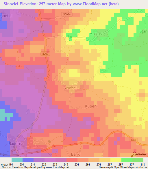 Sinozici,Croatia Elevation Map