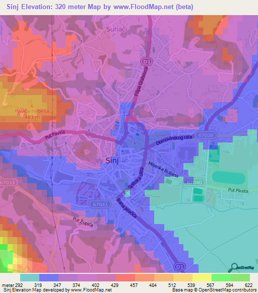 Sinj,Croatia Elevation Map