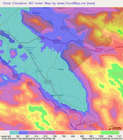 Sinac,Croatia Elevation Map