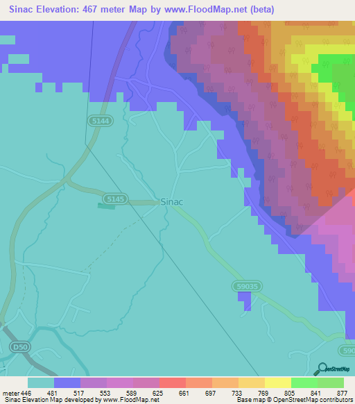 Sinac,Croatia Elevation Map