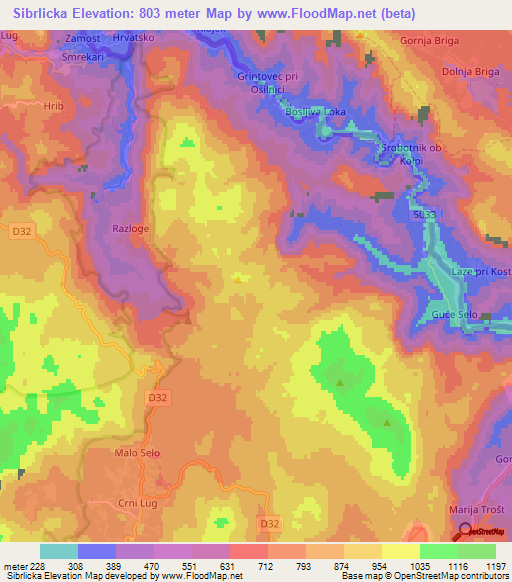 Sibrlicka,Croatia Elevation Map