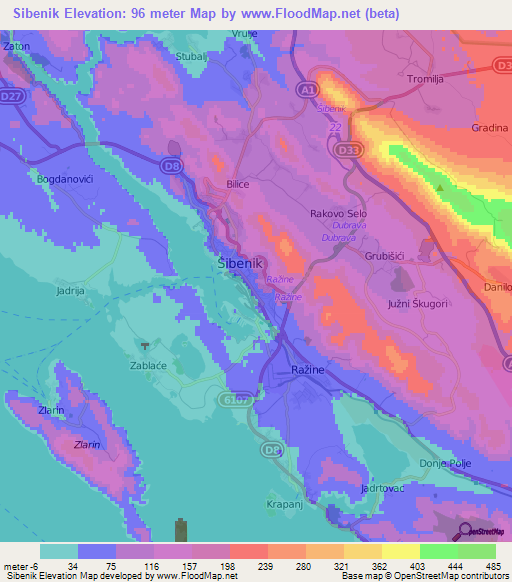 Sibenik,Croatia Elevation Map