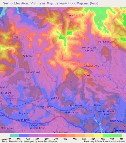 Sevno,Slovenia Elevation Map