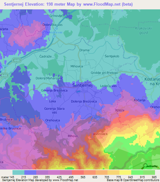 Sentjernej,Slovenia Elevation Map