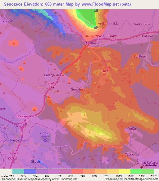 Senozece,Slovenia Elevation Map