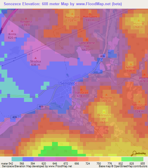 Senozece,Slovenia Elevation Map