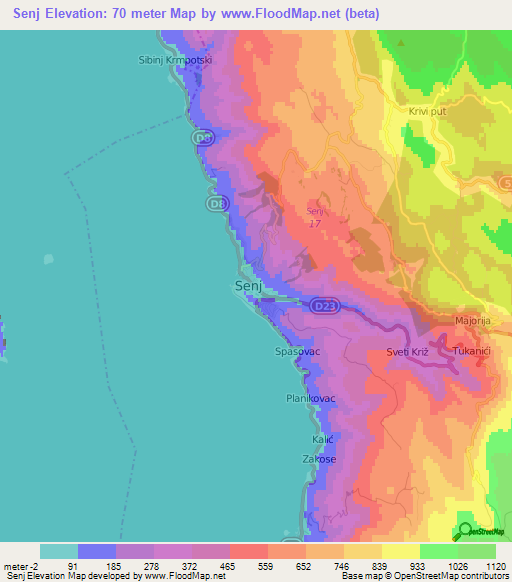 Senj,Croatia Elevation Map