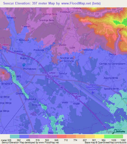 Sencur,Slovenia Elevation Map
