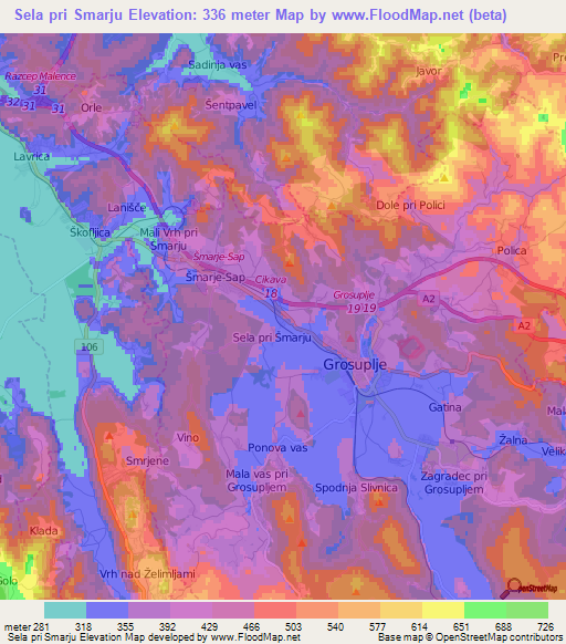 Sela pri Smarju,Slovenia Elevation Map