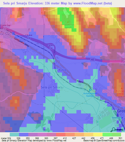 Sela pri Smarju,Slovenia Elevation Map