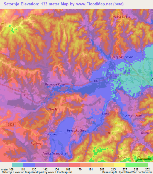 Satornja,Croatia Elevation Map